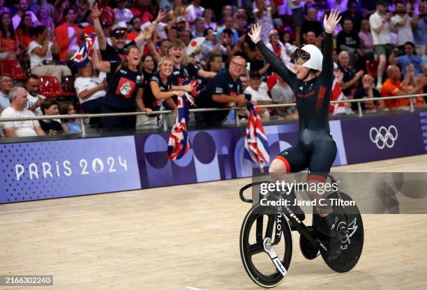 Bronze medalist Emma Finucane of Team Great Britain celebrates after the Women's Sprint, Finals - Race 2 on day sixteen of the Olympic Games Paris...