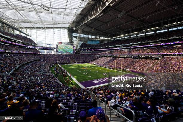 General view of the interior of U.S. Bank Stadium from an elevated position during a preseason game between the Las Vegas Raiders and the Minnesota...