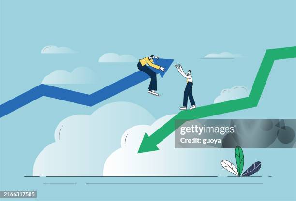 white-collar workers in a rising stock market reach out to rescue white-collar workers in another falling stock market. - striding stock illustrations