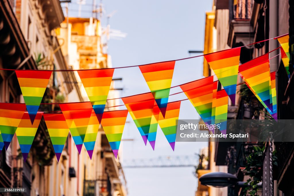 Rainbow colored flags decoration on the street for LGBTQI+ pride event
