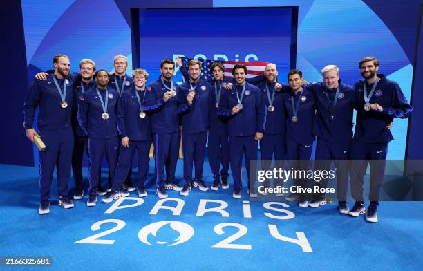 Bronze Medalists of Team United States pose following the Men’s Water Polo medal ceremony after the Men's Gold Medal match between Team Serbia and...