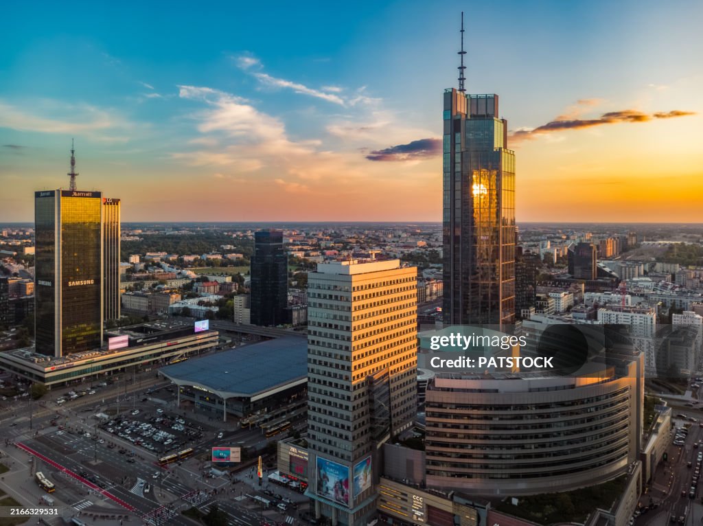 Elevated view of Warsaw at sunset.