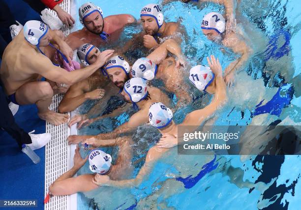 Team Serbia meet during a time out at the Men's Gold Medal match between Team Serbia and Team Croatia on day sixteen of the Olympic Games Paris 2024...