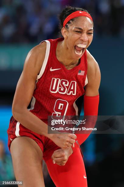 Ja Wilson of Team United States reacts after a basket during the Women's Gold Medal game between Team France and Team United States on day sixteen of...