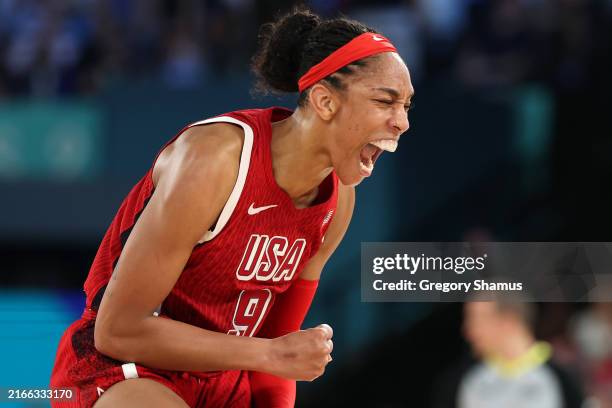 Ja Wilson of Team United States reacts after a basket during the Women's Gold Medal game between Team France and Team United States on day sixteen of...