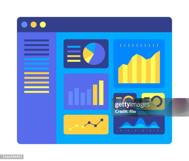 ilustraciones, imágenes clip art, dibujos animados e iconos de stock de análisis de estadísticas de datos cuadros de panel gráficos ventana azul de software - panel de indicadores medios visuales