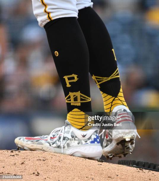 Paul Skenes of the Pittsburgh Pirates wears Gary Sinese Foundation custom cleats as part of "Players Weekend" during the game against the Seattle...