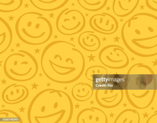 ilustraciones, imágenes clip art, dibujos animados e iconos de stock de línea dibujada sin costuras mosaico sonriente caras felices símbolos de emoción patrón de fondo - cara sonriente antropomórfica