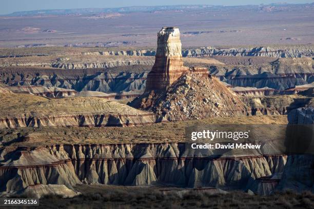 Layers of ancient rock strata are exposed in the Coal Mine Canyon area between the Navajo and Hopi Nations on August 14, 2024 near Tuba City,...