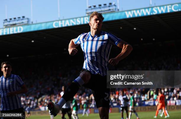 Michael Smith of Sheffield Wednesday celebrates after scoring their team's fourth goal during the Sky Bet Championship match between Sheffield...