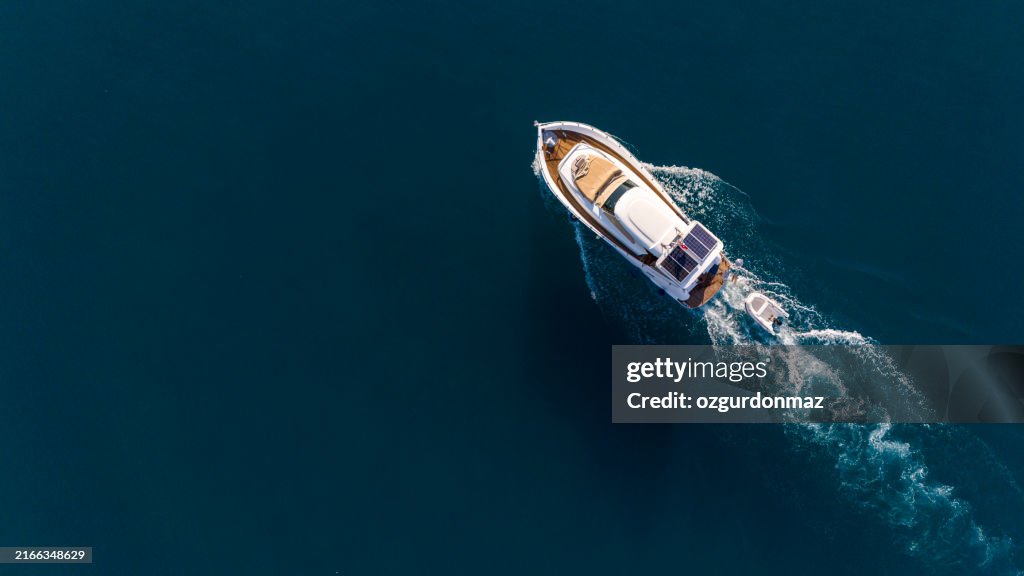 Aerial view of a sailing boat, Antalya Turkiye