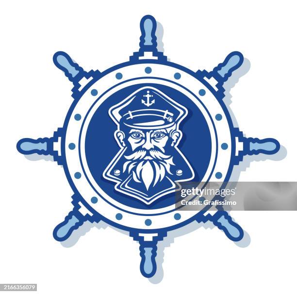 stockillustraties, clipart, cartoons en iconen met bearded sailor captain with captain's hat in ship's wheel illustration - captain ship