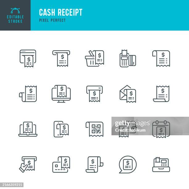 illustrations, cliparts, dessins animés et icônes de reçu d’argent - ensemble d’icônes linéaires vectorielles. pixel parfait. trait modifiable. l’ensemble comprend un reçu de caisse, une facture financière, un relevé bancaire, un reçu, un lecteur de carte de crédit, une commande, un code qr. - reçu