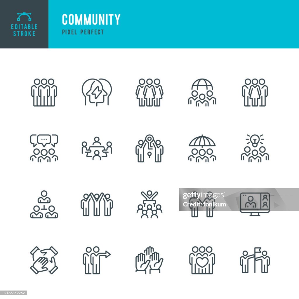 Comunidade - conjunto de ícones lineares vetoriais. Pixel perfeito. Traço editável. O conjunto inclui uma Comunidade, Trabalho em Equipe, Amizade, Liderança, Gerente, Grupo de Pessoas, Reunião, Cooperação, Brainstorming, Votação, Apoio.