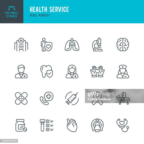ilustraciones, imágenes clip art, dibujos animados e iconos de stock de servicio de salud: conjunto de iconos lineales vectoriales. píxel perfecto. trazo editable. el conjunto incluye un sistema de atención médica, hospital, médico, enfermera, estetoscopio, escáner de resonancia magnética, microscopio, cama de hospital, - sistema-cardiopulmonar-humano