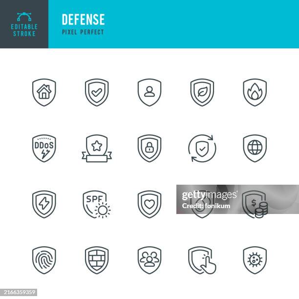stockillustraties, clipart, cartoons en iconen met defense - set of vector linear icons. pixel perfect. editable stroke. the set includes a shield, defense, security, protection, internet protection, virus protection, environmental conservation, personal data protection, virus protection. - verdedigen activiteit