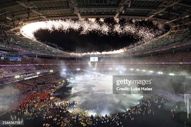 General view of the inside of the stadium as a Pyrotechnics Display takes place after the Olympic Rings are assembled during the Closing Ceremony of...