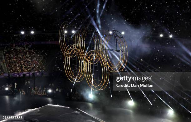 The Olympic Rings are lifted during the Closing Ceremony of the Olympic Games Paris 2024 at Stade de France on August 11, 2024 in Paris, France.