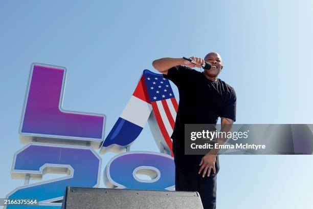 In this image released on August 11, Dr. Dre performs at the LA28 Olympic Games Handover Celebration.