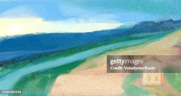 landscape with river and mountains in pastel technique - sunrise window stock illustrations