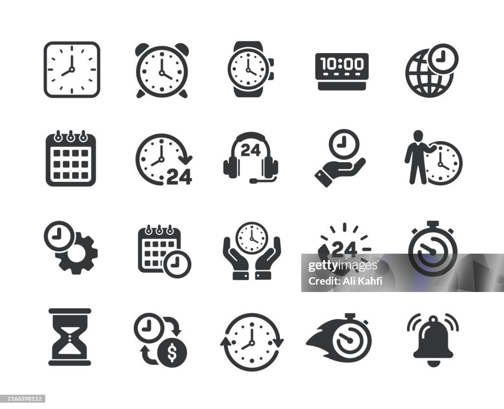 Time solid icons. Containing clock, alarm, stopwatch, calendar solid icons collection. Vector illustration. For website design, logo, app, template, ui, etc.