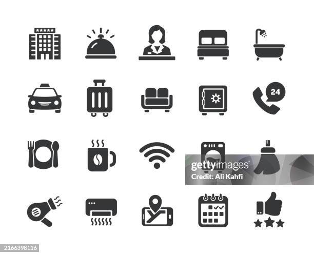 illustrazioni stock, clip art, cartoni animati e icone di tendenza di icone solide dei servizi alberghieri. contenente servizio, receptionist, cibo, raccolta di icone solide per la colazione. illustrazione vettoriale. per la progettazione di siti web, logo, app, modello, interfaccia utente, ecc. - servizio in camera