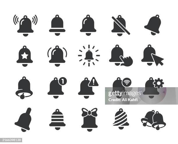 ilustraciones, imágenes clip art, dibujos animados e iconos de stock de iconos sólidos de notificación de campana. contiene una colección de iconos sólidos de alarma, alerta, notificación y recordatorio. ilustración vectorial. para el diseño de sitios web, logotipos, aplicaciones, plantillas, interfaz de usuario, etc. - campana