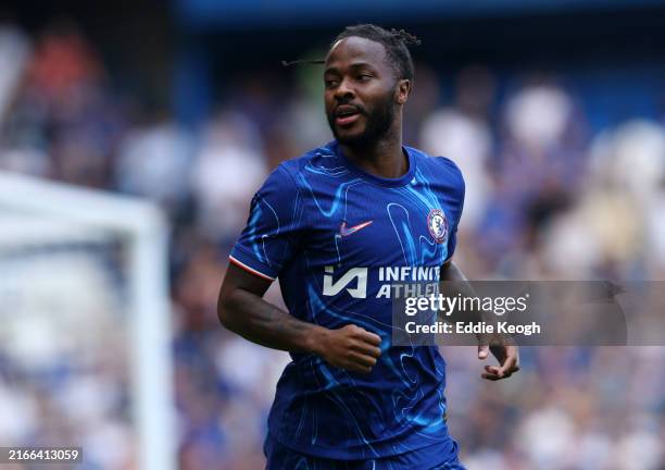 Raheem Sterling of Chelsea in action during the pre-season friendly match between Chelsea and FC Internazionale at Stamford Bridge on August 11, 2024...