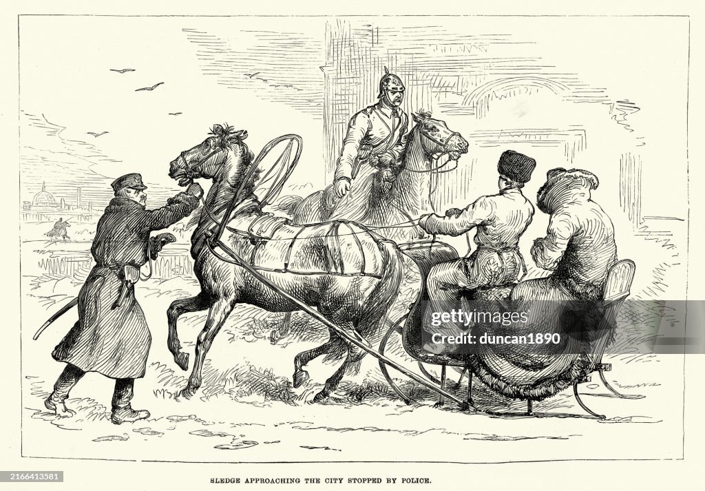Sketches in St Petersburg, Russia, Police stopping a sledge from entering the city, 1880s, Victorian 19th Century