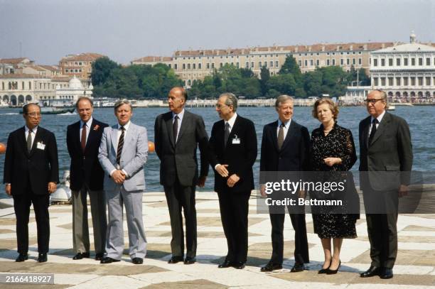 World leaders posing for a photo during the 6th G7 Summit in Venice, Italy, June 22nd 1980. Left to right: Japan's Foreign Minister Saburo Okita ;...