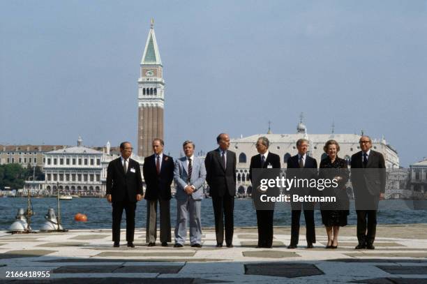 World leaders posing for a photo during the 6th G7 Summit in Venice, Italy, June 22nd 1980. Left to right: Japan's Foreign Minister Saburo Okita ;...
