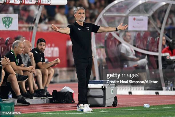 Head Coach Olivier Dall'Oglio of Saint-Etienne reacts on the side line during the Ligue 1 match between AS Monaco and AS Saint-Étienne at Stade Louis...