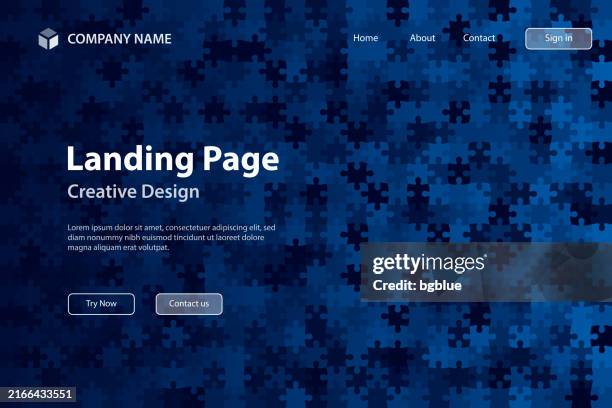 landign page template - blue abstract background with jigsaw puzzle - digital marketing tools stock illustrations