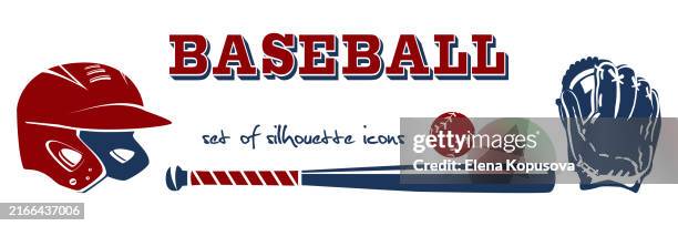 sportliches konzept im flachen retro-style. baseballschläger, ball, handschuh und helm. stilvolles vektor-baseball-set auf weißem hintergrund. - baseballschläger stock-grafiken, -clipart, -cartoons und -symbole