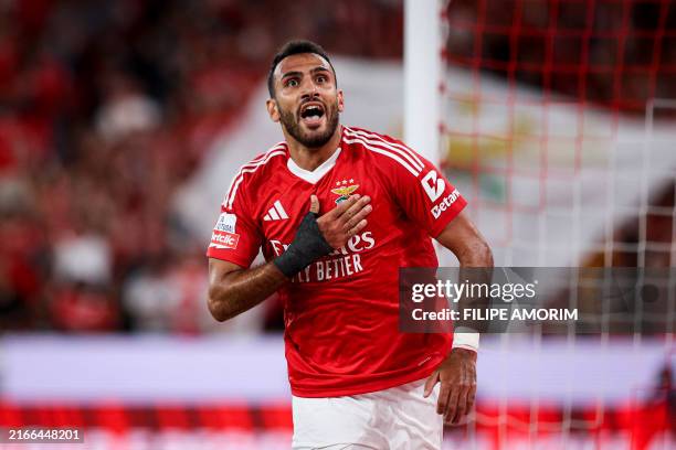 Benfica's Greek forward Vangelis Pavlidis celebrates scoring the opening goal during the Portuguese league football match between SL Benfica and Casa...