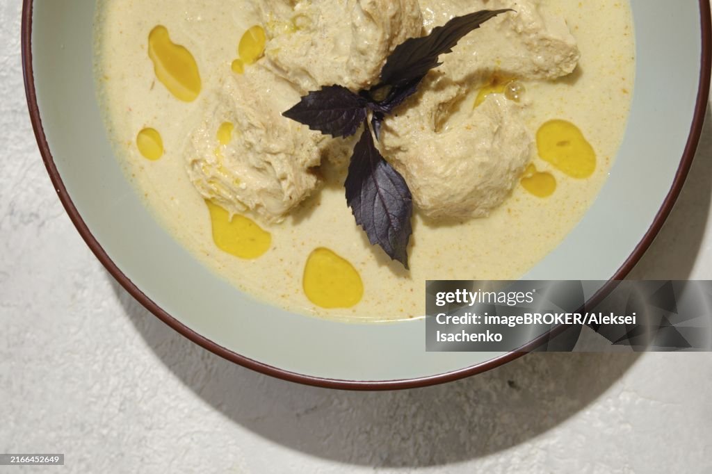 Close-up view of Georgian satsivi with chicken and walnut sauce
