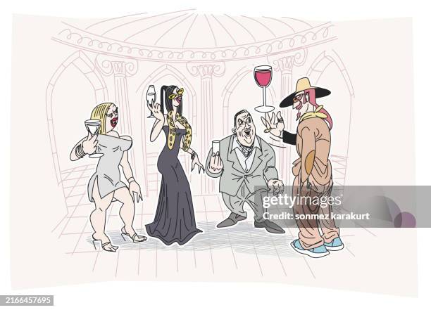 ilustrações de stock, clip art, desenhos animados e ícones de bohemian types drinking and chatting at a party - espetáculo de arte