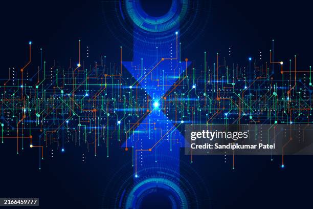 ai artificial intelligence chipset on circuit board in futuristic concept suitable for future technology - informational poster design stock illustrations