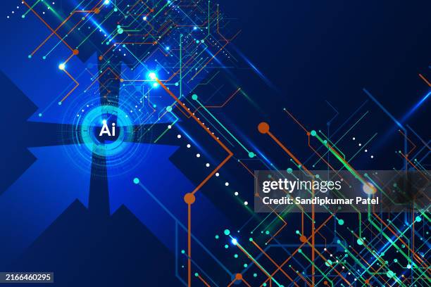 ai artificial intelligence chipset on circuit board in futuristic concept suitable for future technology - informational poster design stock illustrations