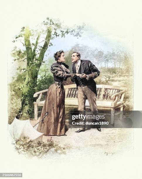 illustrations, cliparts, dessins animés et icônes de homme disant à une jeune femme qu’il est amoureux d’elle, romance, français, france, illustration old vintage, 1890s 19ème siècle. scène d’un vaincu de jean de la brete - activité romantique