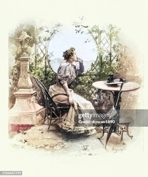 ilustraciones, imágenes clip art, dibujos animados e iconos de stock de mujer joven sentada sola mirando la vista, francés, francia, ilustración vintage antigua, siglo xix de la década de 1890. escena de un vaincu de jean de la brete - una sola mujer joven