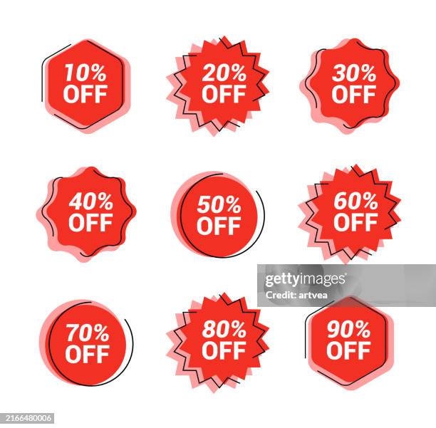 set sale tags. special offer discount tag 10, 10, 20, 30, 40, 50, 60, 70, 80, 90 percent off price. - inexpensive stock illustrations