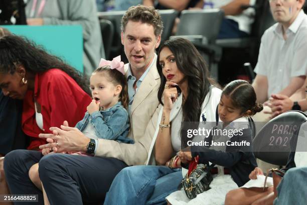 Pau Gasol, Vanessa Bryant attend the Basketball Women's Gold Medal match between Team France and Team USA on day sixteen of the Olympic Games Paris...