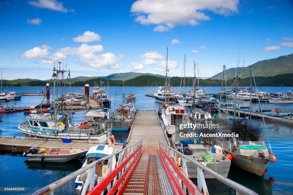 Vista del muelle al puerto deportivo con barcos de pesca