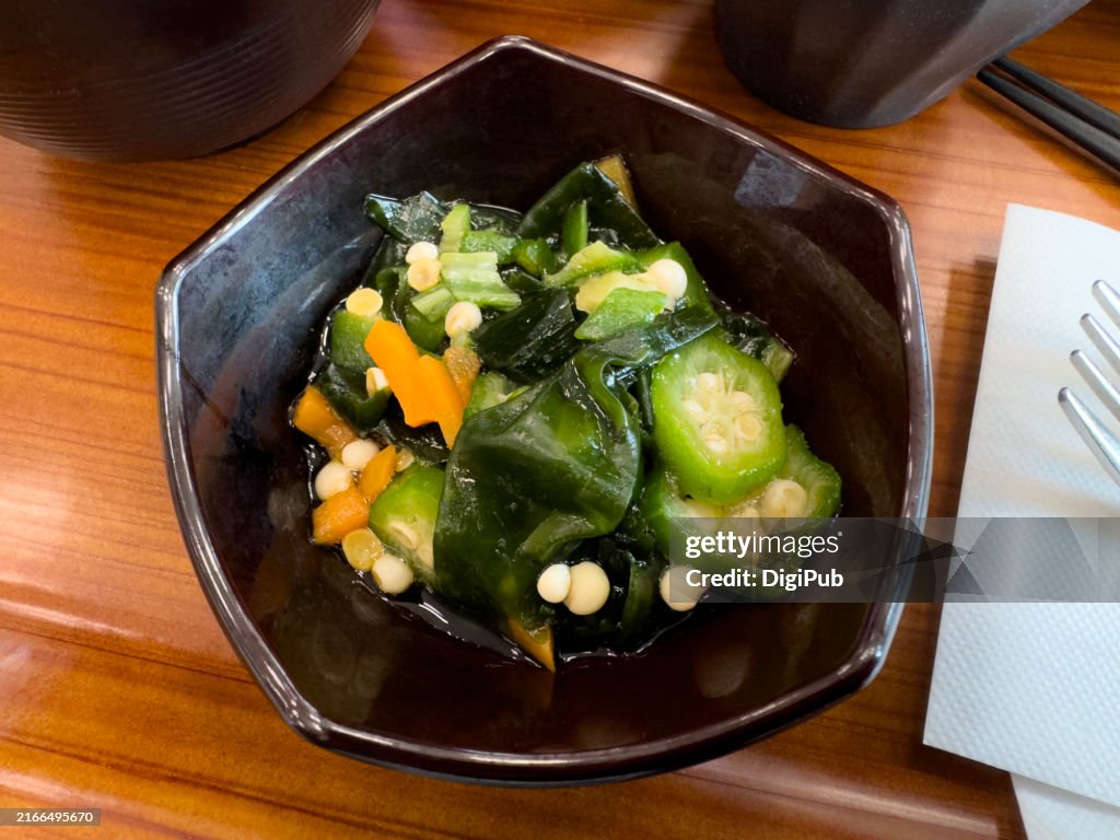 Okra and Wakame Seaweed Ohitashi in a Small Dish