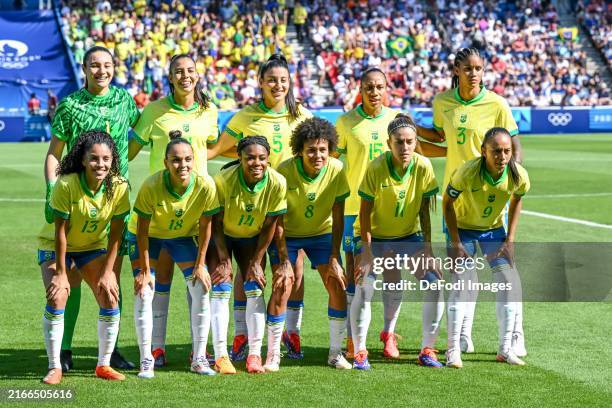 Goalkeeper Lorena of Brazil, Lauren of Brazil, Sampaio Duda of Brazil, Thais of Brazil, Tarciane of Brazil, Yasmim of Brazil, Portilho Gabi of...