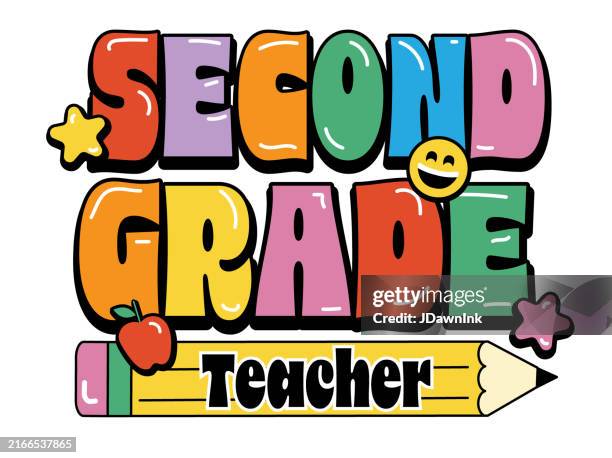 second grade teacher back to school colorful typography design with icons on white background - second grade students stock illustrations