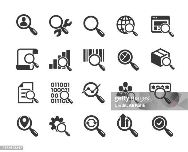 search and analysis solid icons. containing research, searching, analyzing solid icons collection. vector illustration. for website design, logo, app, template, ui, etc. - looking backwards stock illustrations