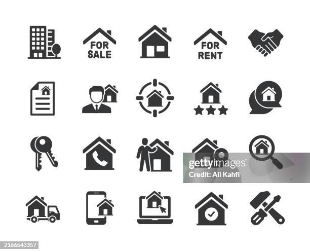 real estate solid icons. containing house, apartment, sell, residential solid icons collection. vector illustration. for website design, logo, app, template, ui, etc. - sold out stock illustrations