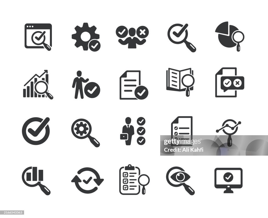 Inspection solid icons. Containing examing, analyzing, verification. control solid icons collection. Vector illustration. For website design, logo, app, template, ui, etc.